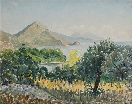 Giovanni Colacicchi (Anagni 1900 - Firenze 1992) Paesaggio con mare e boschi...