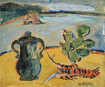 Sante Monachesi (Macerata 1910 - Roma 1991) Natura morta con aragosta e...