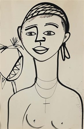 Bertina Lopes (Maputo 1924 - Roma 2012) RItratto di donna con uccello e croce...
