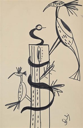 Bertina Lopes (Maputo 1924 - Roma 2012) Serpente e uccelli al tronco Firma in...