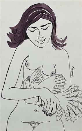 Bertina Lopes (Maputo 1924 - Roma 2012) Nudo di donna con colomba 1970 Firma...