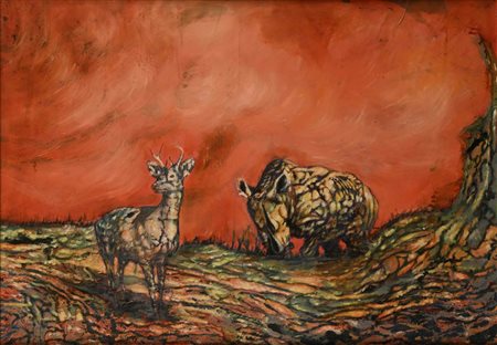 Bertina Lopes (Maputo 1924 - Roma 2012) Paesaggio con cervo e rinoceronte Al...