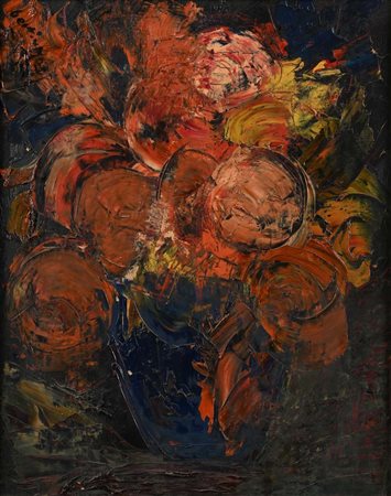 Bertina Lopes (Maputo 1924 - Roma 2012) Vaso blu con fiori arancioni Firma e...