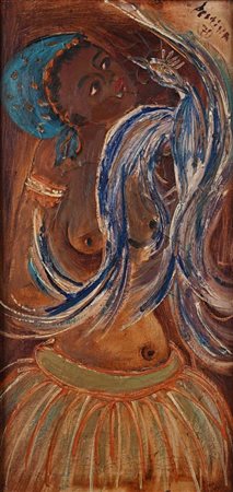 Bertina Lopes (Maputo 1924 - Roma 2012) Danzatrice con uccello 1970 Firma e...