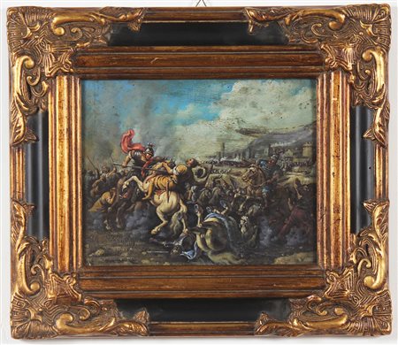 ANONIMO DEL XIX SECOLO Battaglia. Olio su rame. Cm 25,00 x 20,00. . Cornice...