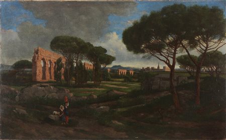 ARTISTA ITALIANO DEL XIX SECOLO Paesaggio romano con acquedotto Claudio e...