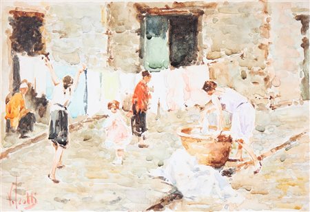 IROLLI VINCENZO (1860 - 1942) Lavandaie. Acquerello su carta. Cm 25,00 x...