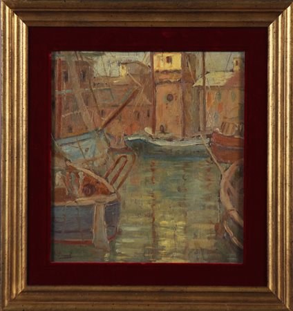 ANONIMO Porto. Olio su tavola. Cm 25,50 x 28,00. Firma illeggibile in basso a...