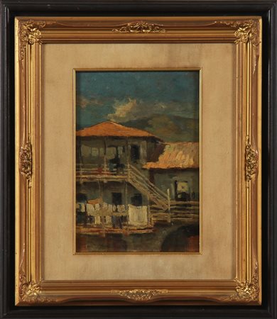BORSA ROBERTO (1880 - 1965) Paesaggio con case. Olio su tavola. Cm 19,00 x...