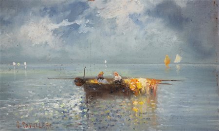 CAVALLERI GIOVANNI (1858 - 1934) Pescatori. Olio su cartone. Cm 36,00 x...