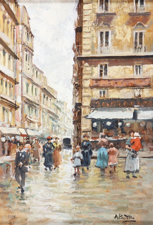 PRATELLA ATTILIO (1856 - 1949) Centro cittadino. Olio su tavola. Cm 13,00 x...