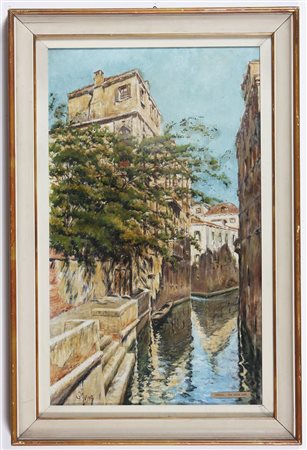 Coppia di due vedute di canali veneziani. 1942. Olio su cartone. Cm 26,00 x...