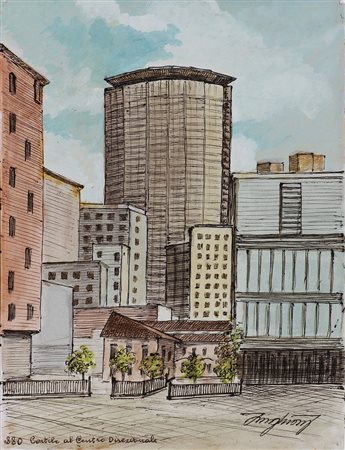 GHIONI INNOCENTE (1897 - 1974) Cortile al centro direzionale. Tecnica mista...