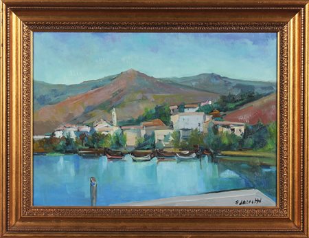 SALVETTI GIUSEPPE Paesaggio lacustre. Olio su tela . Cm 70,00 x 50,00....