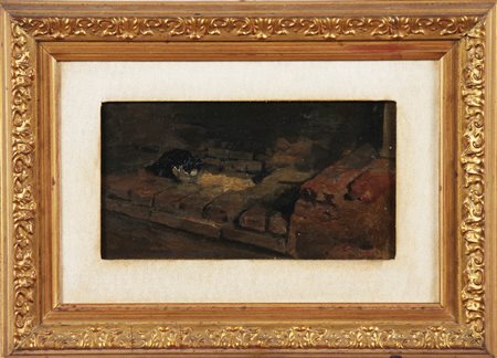 ANONIMO Gatto all'interno di un camino. Olio su tavola. Cm 23,50 x 13,00. ....