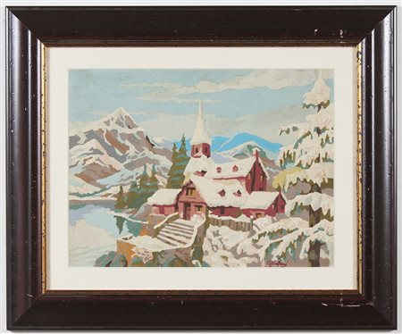 FANFANI AMINTORE (1908 - 1999) Paesaggio innevato. 1964. Olio su cartone. Cm...