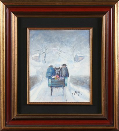 GAROSIO OTTORINO (1904 - 1980) Carretto nella neve. Olio su tavola. Cm 29,00...
