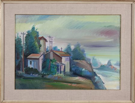 DI PRATA OSCAR (1910 - 2006) Lungo il Po'. Tecnica mista su tela. Cm 70,00 x...