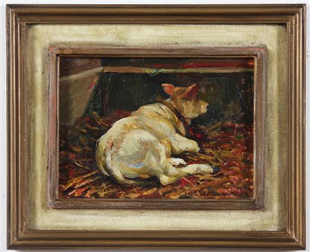 MUSITELLI GIULIO VITO (1901 - 1990) Vacca a riposo. 1985. Olio su cartone. Cm...