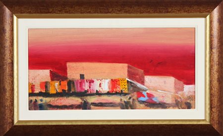 MAGAZZINI SALVATORE (n. 1955) Piazza dei tappeti Marrakech. Olio su tavola....