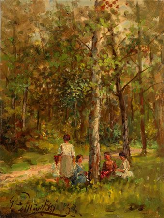 Giuliano Amadori (Bologna 1883 - 1972), "Figure nel bosco", 1953.