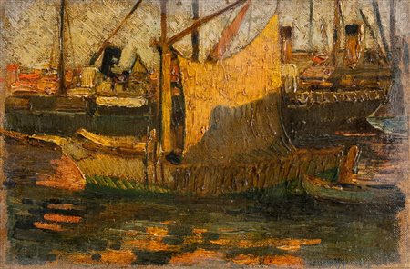 Alessandro Milesi (Venezia 1856 - 1945), attr. a, "Porto con barche".