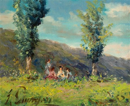 Giuliano Amadori (Bologna 1883 - 1972), "Picnic in collina", 1952.