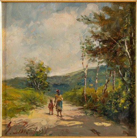 Giuliano Amadori (Bologna 1883 - 1972), "Un po' di sole sullo stradone della collina", 1952.