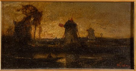 Pittore fiammingo del XIX secolo, "Paesaggio con mulini".