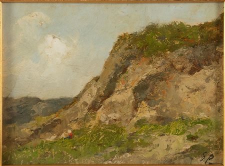 Guglielmo Pizzirani (Bologna 1886 - 1971), "Paesaggio di montagna con figura".