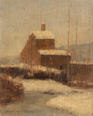 Giulio Fiori (Bologna 1909 - 1991), "Case sotto la neve", 1946.