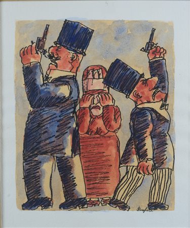 Franz Borghese (1941 - 2005) Personaggi china e acquarello su carta 35 x 30...