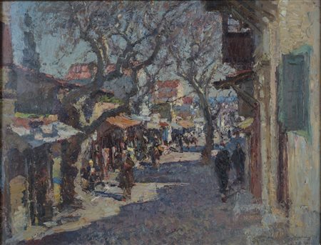 Lidio Ajmone (1884 - 1945) Veduta del quartiere turco di Rodi 1937 olio su...