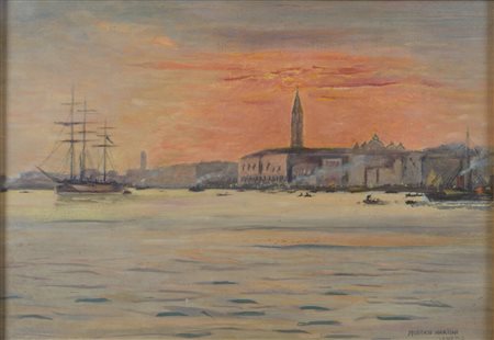 Alberto Martini (1876 - 1954) Venezia al tramonto Olio su cartone 24 x 35 cm....