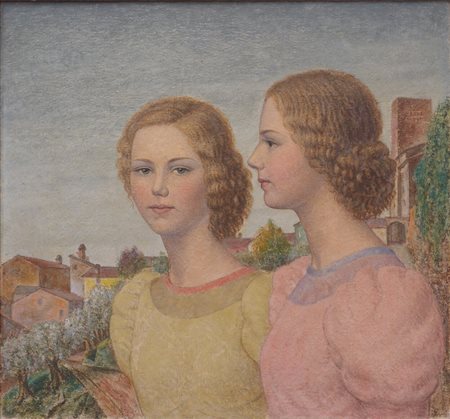 Carlo Parri (1897 - 1969) Sorelle 1940 olio su tela 70 x 76 cm. Firmato e...