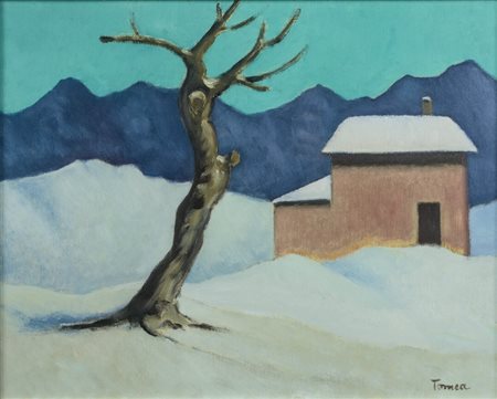 Fiorenzo Tomea (Zoppè di Cadore, 1910 - Milano, 1960) Cadore Innevata olio su...