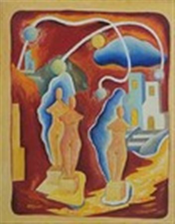 Dardo (XX secolo - ) Tre Grazie futuriste a Parigi olio su cartoncino...