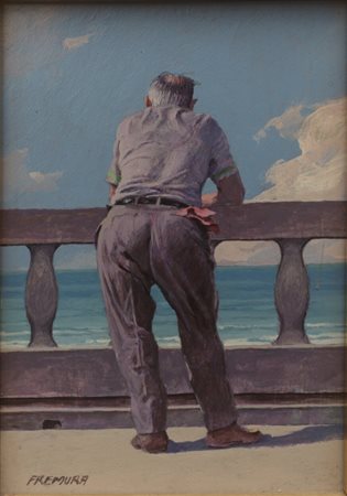 Alberto Fremura (1936 - 2023) Uomo di schiena olio su compensato 15 x 10 cm....