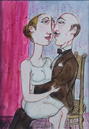 Giuseppe Migneco (1908 - 1997) Coppia china colorata applicata su tavoletta...