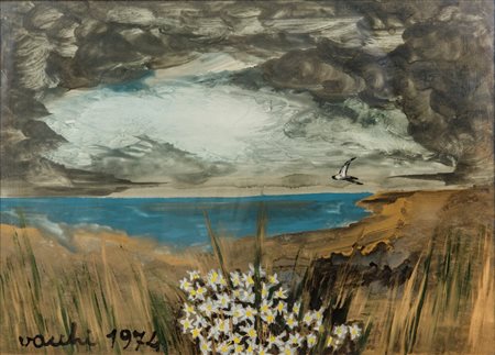 Sergio Vacchi (1925 - 2016) Fiori bianchi del pianeta 1974 Olio su tela 50 x...