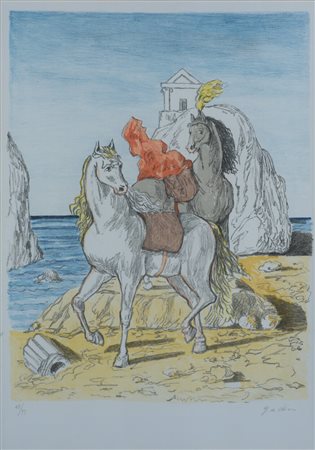 Giorgio De Chirico (1888 - 1978) Cavalli su una spiaggia antica 1974...