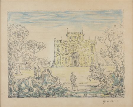 Giorgio De Chirico (1888 - 1978) Antichi cavalieri e villa litografia lastra...