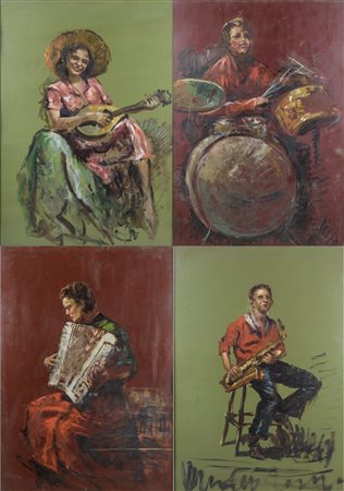 Scuola americana del XX secolo - Quattro dipinti raffiguranti musicisti olio...
