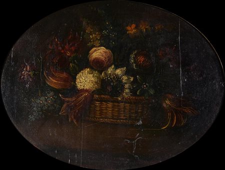 Scuola degli inizi del XX secolo CANESTRA CON FIORI olio su tavola, cm 43,5x56,6