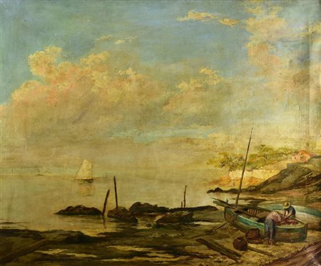 Scuola italiana del XIX secolo – MARINA CON PESCATORI olio su tela, cm 88x107...