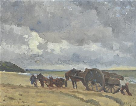 Emile Baudoux CAROVANA, 1891 olio su tela applicata su tavola, cm 33x40 firma...