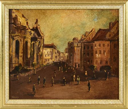 Scuola italiana del XX secolo - VEDUTA DI CITTA' olio su faesite, cm 30x34