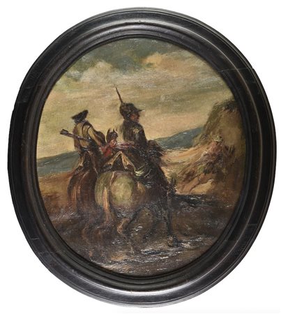 Scuola del XIX secolo SOLDATI A CAVALLO olio su tavola, cm 42x37