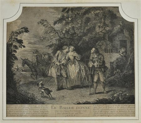 LE BAISIER DONNE', epoca metà XVIII secolo incisione, cm 51,2x55,2 (con...