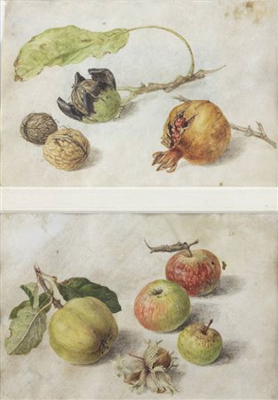 PITTORE ANONIMO<BR>Fine XVIII secolo<BR>"Natura morta con melograno e noci"<BR>"Natura morta con mele, noci e mela cotogna"